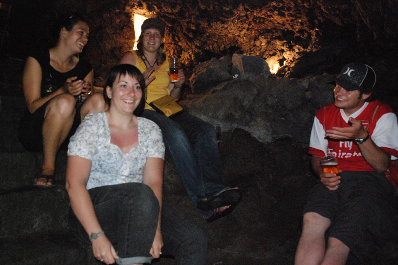 Andreanne, Keylee, Jessica and Randy, all from Canada sitting and drinking in the cave