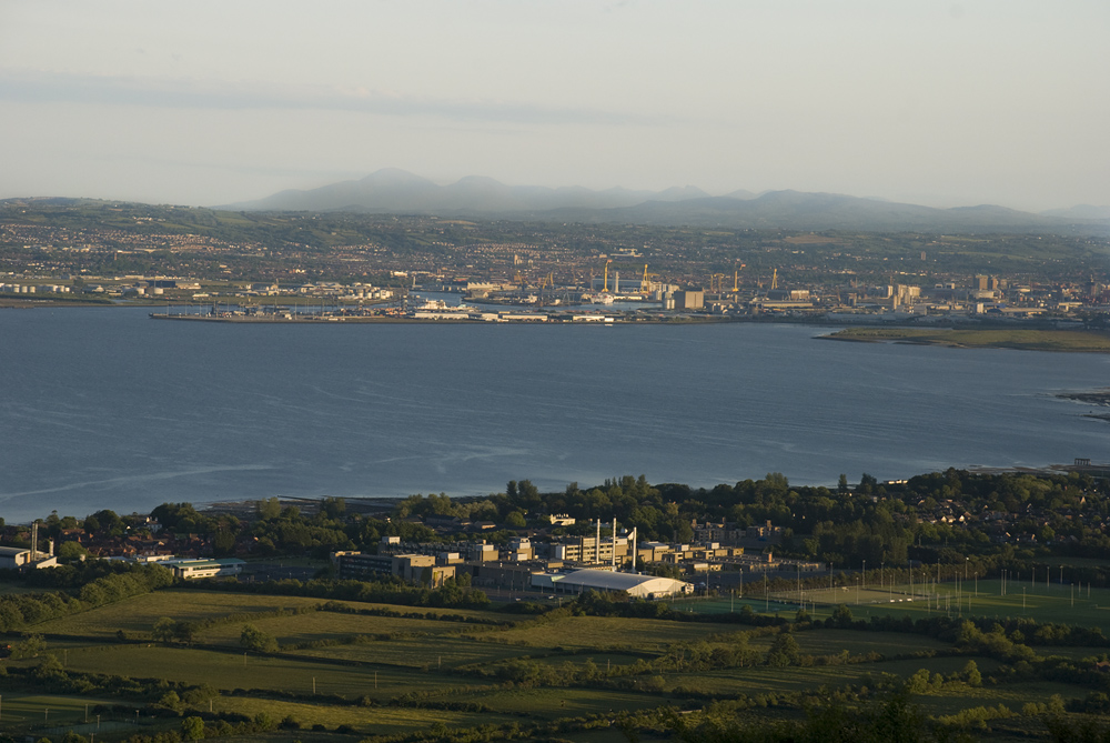 Jordanstown campus, H&W docks and Mourne Mountains in the back