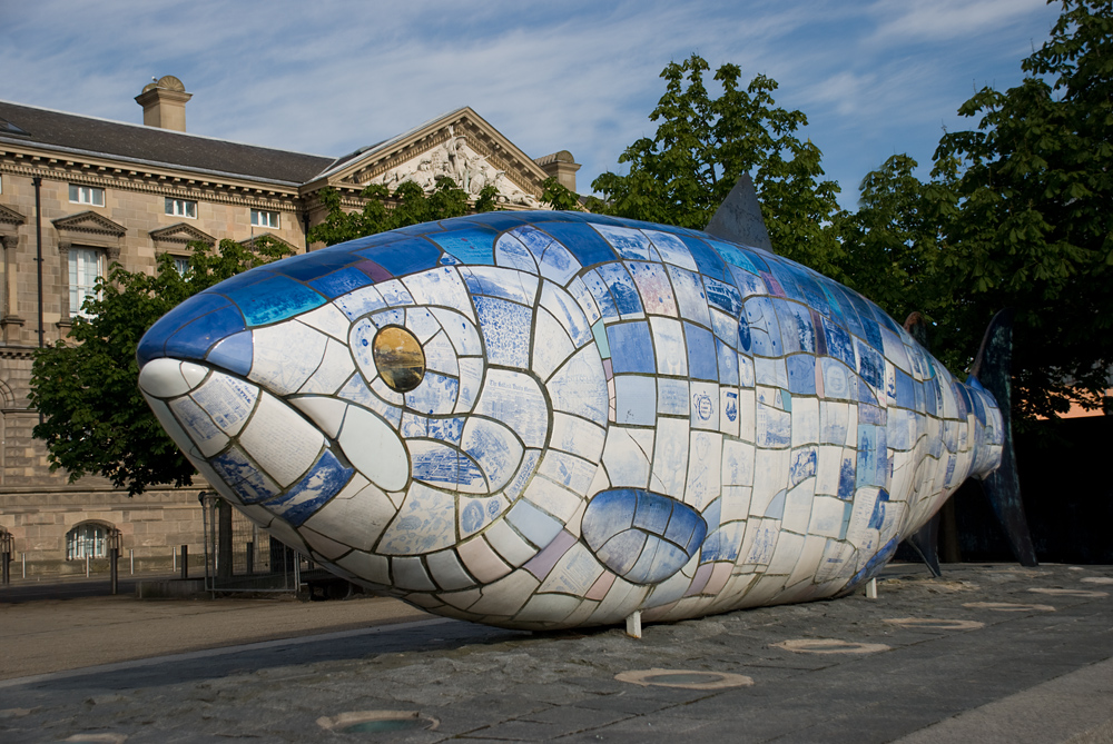 Fish sculpture remembering the revitalization of the river